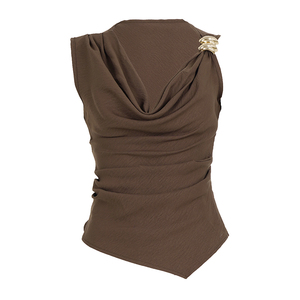 Top sin mangas para mujer, estilo vintage, color marrón, tejido, con botones metálicos, logo frontal, cuello fruncido, para fiesta o club, ecológico, verano 2026 - Product Image 6