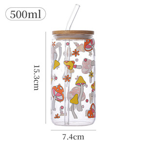 16oz Flower <strong>Mushroom</strong> Pattern Drinking <strong>Glasses</strong> With Bamboo Lids and Straws Cute Tumbler Cup For Wine Cocktail Boba Tea Gift - Product Image 6