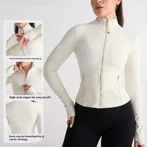Chaqueta de yoga blanca con cuello alto, manga larga, cierre de cremallera y costuras en contraste, sin costuras, de spandex y poliéster elástico. - Product Image 2