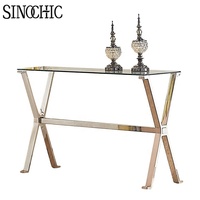 Table console étroite avec miroir et cadre chromé, table d'entrée en verre trempé haute pour la maison et l'hôtel