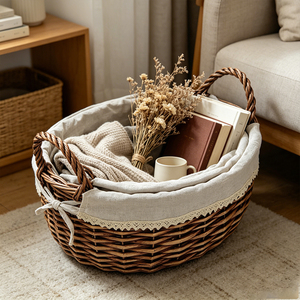 Panier en rotin de forme ovale avec doublure amovible, parfait pour l'emballage de cadeaux, le rangement des jouets et l'organisation des articles ménagers quotidiens - Product Image 1