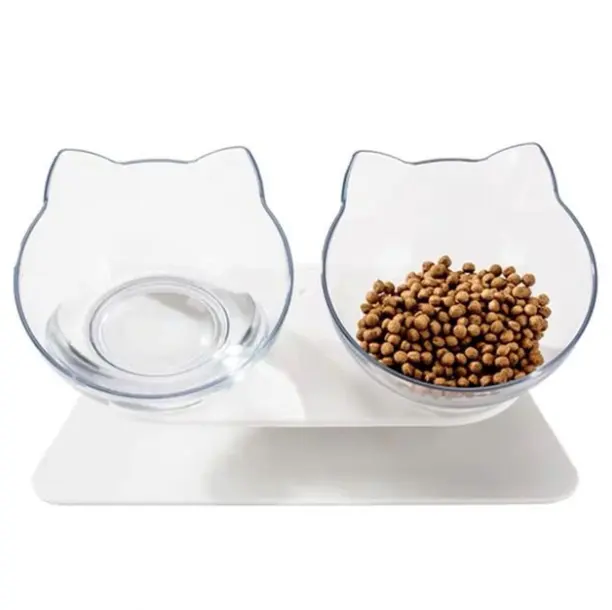 Ciotola dell'alimento per gatti della doppia ciotola dell'acqua dell'animale domestico rialzato plastica trasparente all'ingrosso