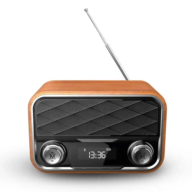 Portable Vintage Blue Tooth Stereo LED Display Clock Classic Wood BT Speaker Wireless Charging Old Style Radio With Blue Tooth