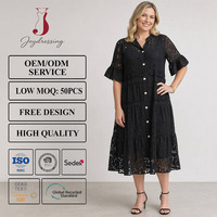 Robe midi élégante noire à œillets Joydressing, grande taille, manches à volants étagés, robes d'été de plage, vente en gros, personnalisable