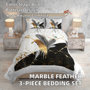Parure <span class=keywords><strong>de</strong></span> lit 3 pièces moderne en polyester imprimé motif marbre et plumes, 300 fils, résistante à la décoloration, housse <span class=keywords><strong>de</strong></span> <span class=keywords><strong>couette</strong></span> et taies d'oreiller - Product Image 3