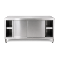 Table de préparation de cuisine avec armoire centrale intégrée et 4 compartiments ouverts, comptoir de travail commercial robuste en acier inoxydable