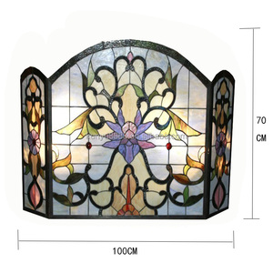 Stained Glass Fireplace <b>Screen</b> 3 Panels Floral Iris Design Traditional Decor Cathedral Shape Solid Handmade <b>Folding</b> Living Room - Product Image 6