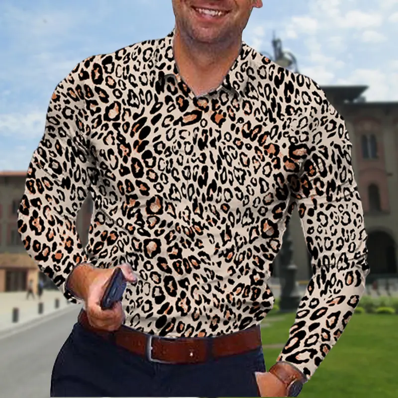 customized men digital leopard printed long sleeve button down fold collar slim fit t shirt