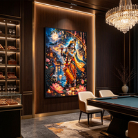 Art Mural Porcelaine Cristal Incrusté Diamants Seigneur Krishna flûte vache sacrée Décoration Murale Hindoue