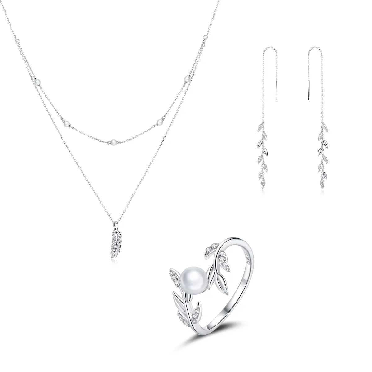 Stilvolle Sterling Silber S925 platini erte Weizen Halskette lange Ohrringe Perlen ring Schmuck Set