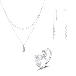 Stylish Sterling Silver S925 Platinum Plated Wheat Necklace Long Earrings Pearl Ring Jewelry Set