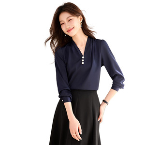 White V Neck Long Sleeve Blouse For Women Chiffon Solid Color Work Shirt With Buttons Elegant Office Wear - Product Image 5