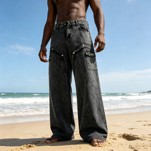 <span class=keywords><strong>Jeans</strong></span> Cargo Neri Vintage Lavati con Grandi Tasche <span class=keywords><strong>Laterali</strong></span> e Gamba Larga, Pantaloni in Denim Streetwear per Uomo, Fornitura all'Ingrosso - Product Image 2