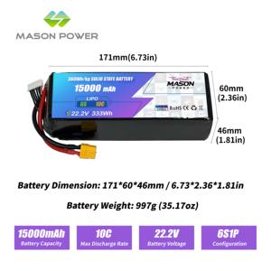 Échantillons disponibles Batterie à semi-conducteurs 6S1P 15000mAh 10C 22.2V 333Wh Légère Longue autonomie pour drones de cartographie et de recherche MAS-SSB - Product Image 2