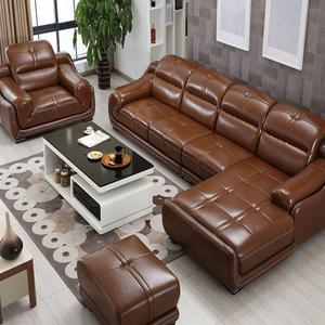 Juego de Sofás de Cuero en Forma de L, Moderno y de Lujo - Sofá Esquinero de Cuero Genuino Marrón para Sala de Estar, Villa u Hogar - Product Image 5