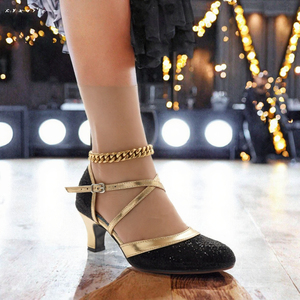 Chaussures de danse latine scintillantes pour femmes, talon moyen, or, à brides croisées, chaîne, bout fermé, pour Salsa, haute qualité, faible MOQ - Product Image 3
