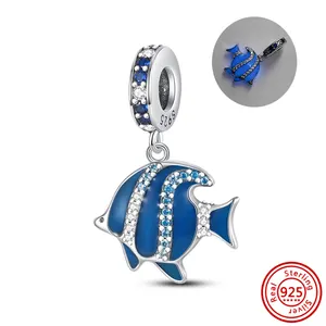 925 Sterling Silver Ocean Style Fish dolphin Mermaid Shell Beads Azul CZ pingente Encantos Fit Original Pan Pulseira DIY Jóias