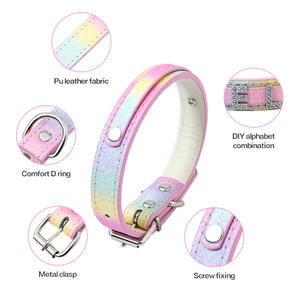ปลอกคอสุนัขแบบกำหนดเอง ตัวอักษรประดับ ดีไซน์รุ้งระยิบระยับ หรูหรา ผลิตจากหนัง PU นุ่ม เป็นมิตรกับสิ่งแวดล้อม สำหรับสุนัข - Product Image 4
