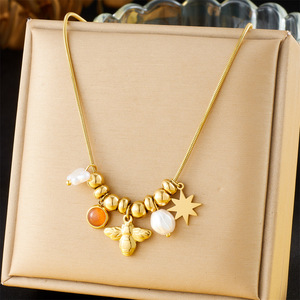 Fashionable Retro Creative Multi Element Pendant Stainless Steel Chain Bee Star Pearl Necklace Unisex Everyday Wear - Product Image 5