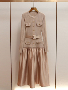 Abito Lungo <span class=keywords><strong>Marrone</strong></span> Classico a Collo Tondo <span class=keywords><strong>in</strong></span> Raso Lavorato a <span class=keywords><strong>Maglia</strong></span> con Patchwork, Sette Colori, Nuovo Modello 2026, Semplice ed Elegante per Feste - Product Image 6