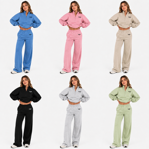 Ensemble 2 pièces en molleton de coton OEKO-TEX pour femme : sweat-shirt demi-zip et pantalon large – Fabrication OEM, logo personnalisé, faible MOQ, vente en gros - Product Image 4
