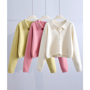 Cardigan rose à col polo pour femme Zhan Ya, tricoté à manches longues, coupe ajustée, simple boutonnage, anti-boulochage - Product Image 4
