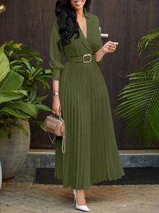 Abiti Primaverili Alla Moda per Donne, <span class=keywords><strong>Elegante</strong></span> <span class=keywords><strong>Vestito</strong></span> a Maniche Lunghe con Scollo a V e Pieghe, Abito da Ufficio a Linea A con Cintura - Product Image 1