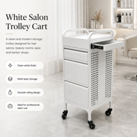 Chariot de Salon de Beauté Blanc Mat à 3 Tiroirs, Chariot de Coiffure Roulant avec Panneau Latéral Perforé et Double Poignée, Chariot de Barbier