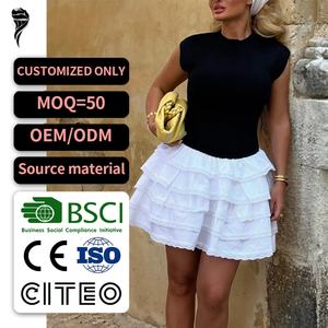 Vestido de Princesa Dulce Personalizado de Alta Calidad, Manga Corta, Cuello Redondo, Algodón Blanco, Dobladillo con Volantes, Mini Vestido Casual Estilo Campestre - Product Image 1