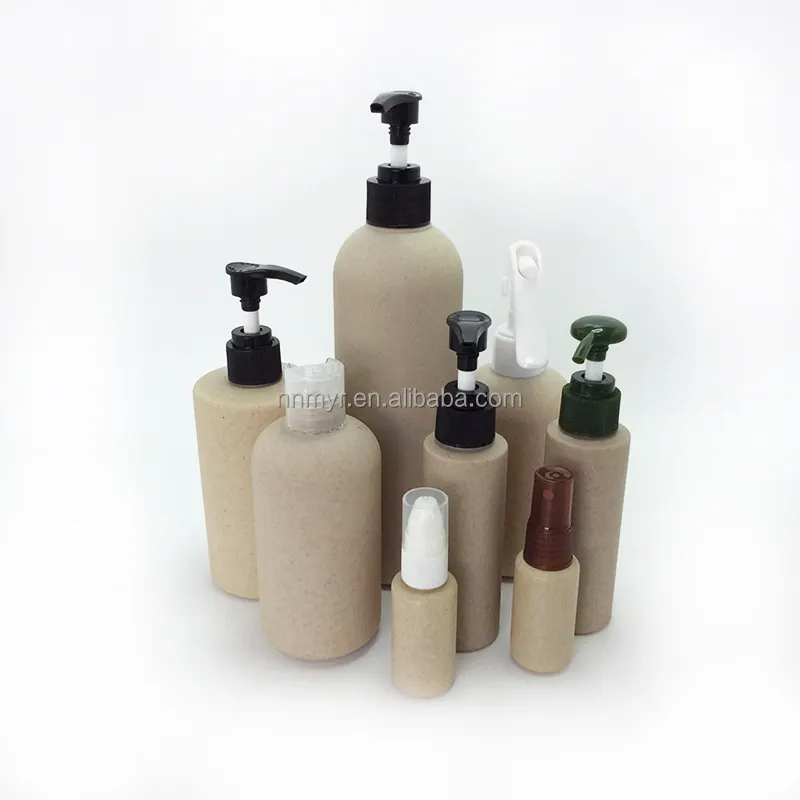 Biodegradável recipiente cosmético 250ml 300ml 400ml 500ml garrafa de plástico da palha do trigo, com bomba distribuidor de detergente