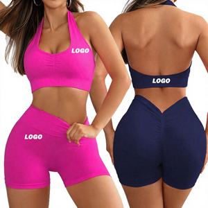 ชุดโยคะไร้ตะเข็บ 2 ชิ้นสำหรับผู้หญิง – กางเกงขาสั้นเอวสูงและเสื้อชั้นในกีฬา ชุดออกกำลังกายน้ำหนักเบาพร้อมดีไซน์รัดสะโพก - Product Image 4