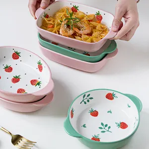 Conjunto de pratos domésticos de porcelana, conjunto de prato de morango, panelas de cerâmica, utensílios para cozinhar