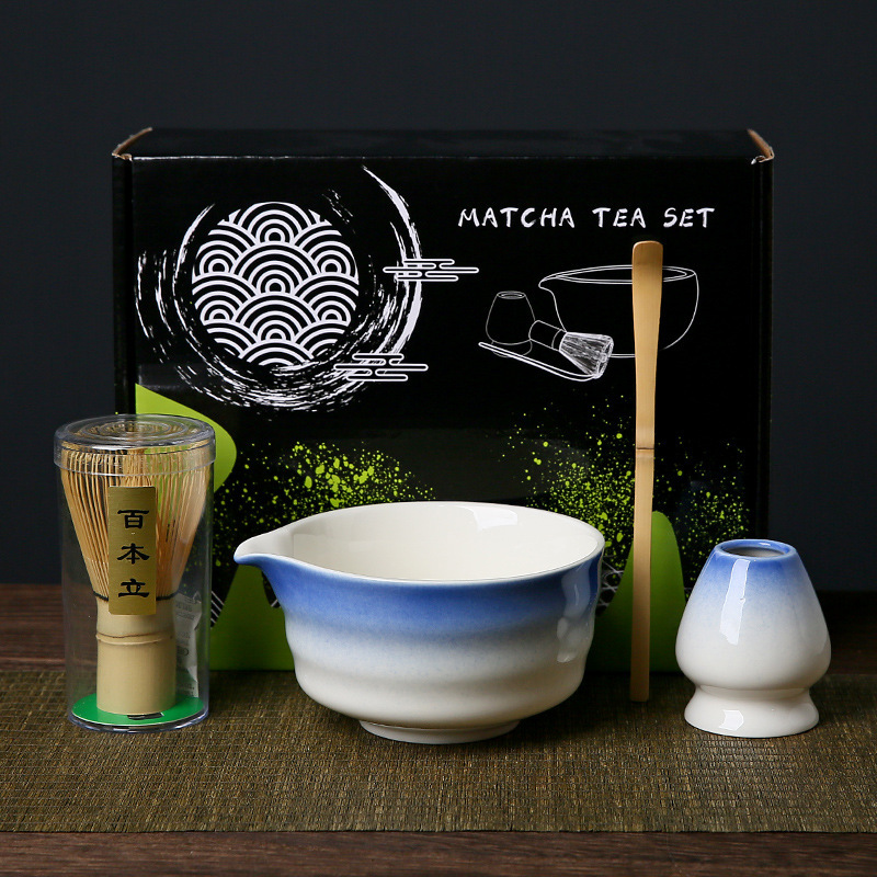 Bol à matcha bleu et blanc, ensemble de 4 pièces (xian) + boîte de couleur