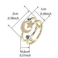 Élégant élégant bijoux étoile lune mauvais yeux Zircon ouvert bague réglable 18k plaqué or turc yeux bleus anneaux pour hommes femmes