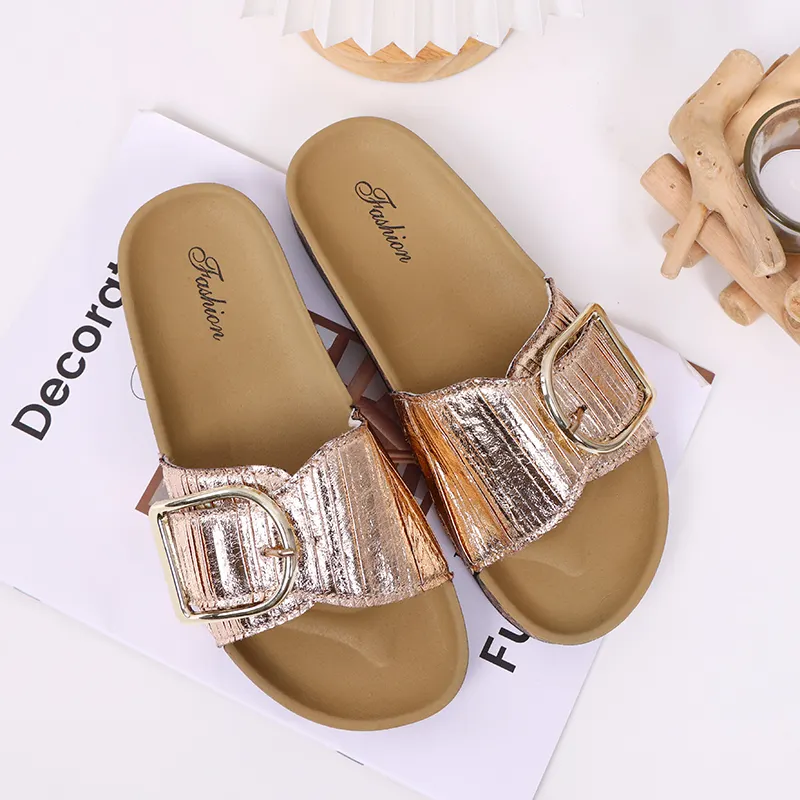 Fashion selling Open toe comfort cork sole slippers buckle cork sole slipper sandals for women
