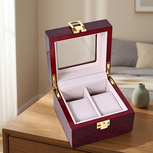 Wooden <b>Watch</b> Box with Mirror Lid and Faux Suede Interior 2-Slot Storage <b>Case</b> with Gold Buckle Closure - Product Image 2