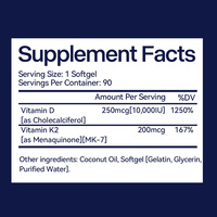 Complément alimentaire en gélules de vitamine D3 K2 MK7 avec 250 mcg de vitamine D et 200 mcg de K2 par portion, flacon de 90 gélules