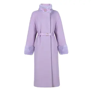 Custom Luxury Long Alpaca Wool Fur Coat Women Genuine Wool Cashmere Coat with Mink Fur Collar Cuffs