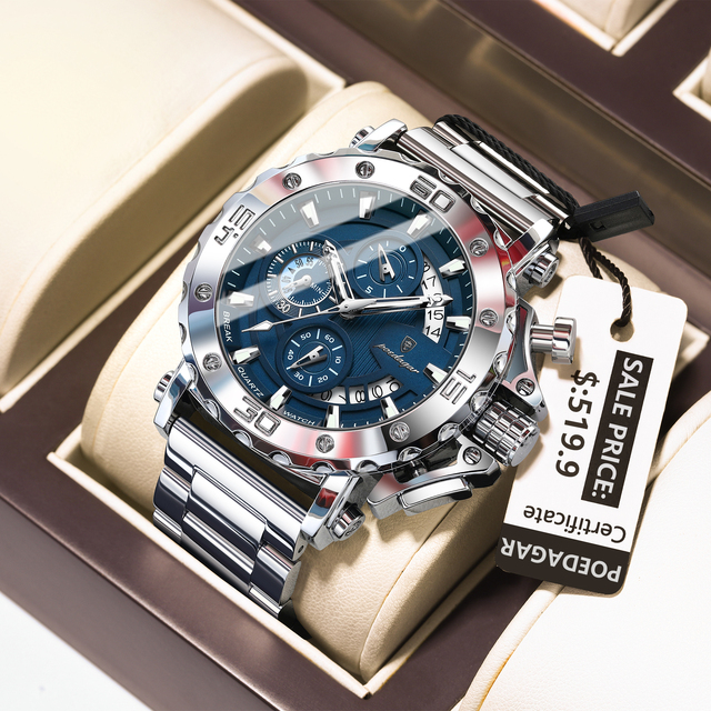 Poedagar 892 Luxury Chronograph Stainless Steel Men's Quartz Watches Reloj Luminous Waterproof Watch for Men