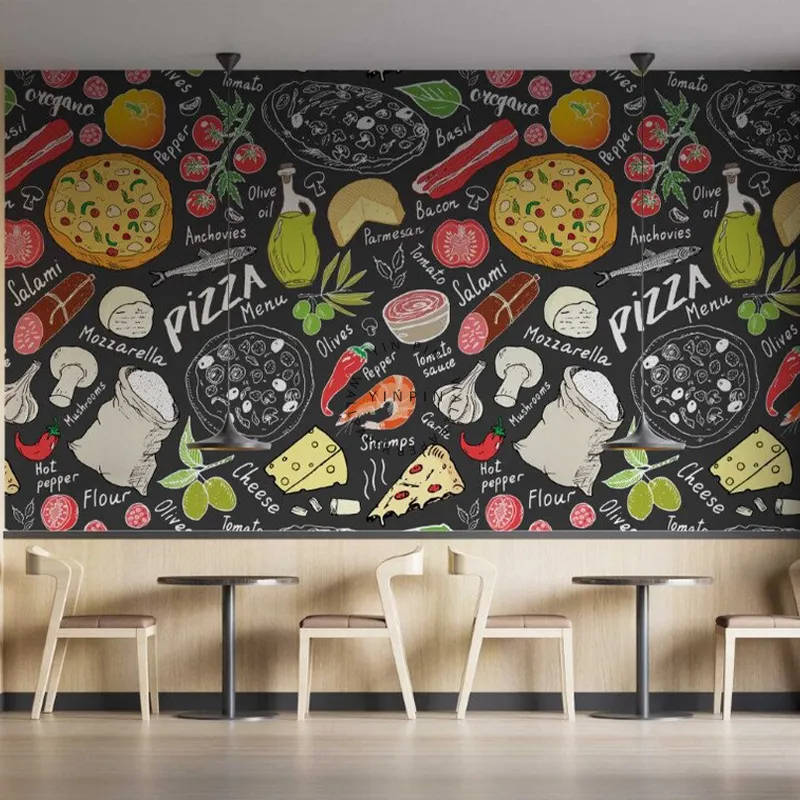 Kertas dinding restoran dengan perekat, pizza 3D dan bahan makanan lainnya
