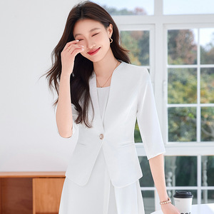 Women's Collarless Blazer Mid Sleeve Polyester Breathable Elegant Office Suit Jacket For Work Dress Pairing - Product Image 2