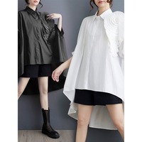 Nouvelle Collection Été 2026 – Chemisier Blanc Oversize à Ourlet Asymétrique, Manches Chauve-Souris 3D Fleur, Grande Taille, Décontracté en Popeline pour Femme – Vente en Gros