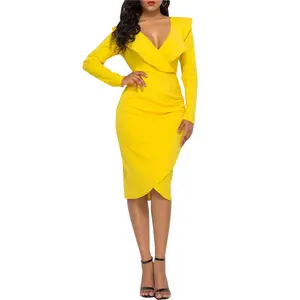 カスタム黄色の女性のファッションスタイルのパーティーカクテルドレスフォーマルエレガントなディープVネックウエディング女性の服のドレス
