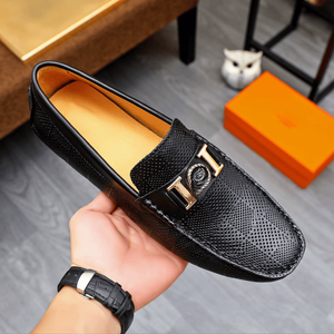 Mocassins en cuir confortables à motif quadrillé pour hommes, avec boucle métallique, à enfiler, chaussures habillées décontractées pour le bureau, semelle antidérapante, usage quotidien - Product Image 2