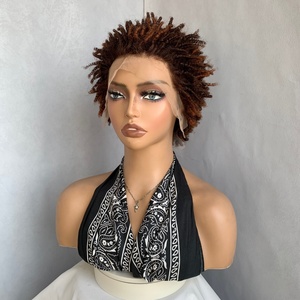 Perruque Afro Kinky Curly <span class=keywords><strong>Courte</strong></span> de 6 Pouces en Cheveux Brésiliens Vierges Marron Noir, Fausses Locs Tressées au Crochet 13*4 Transparentes pour Femmes - Product Image 2