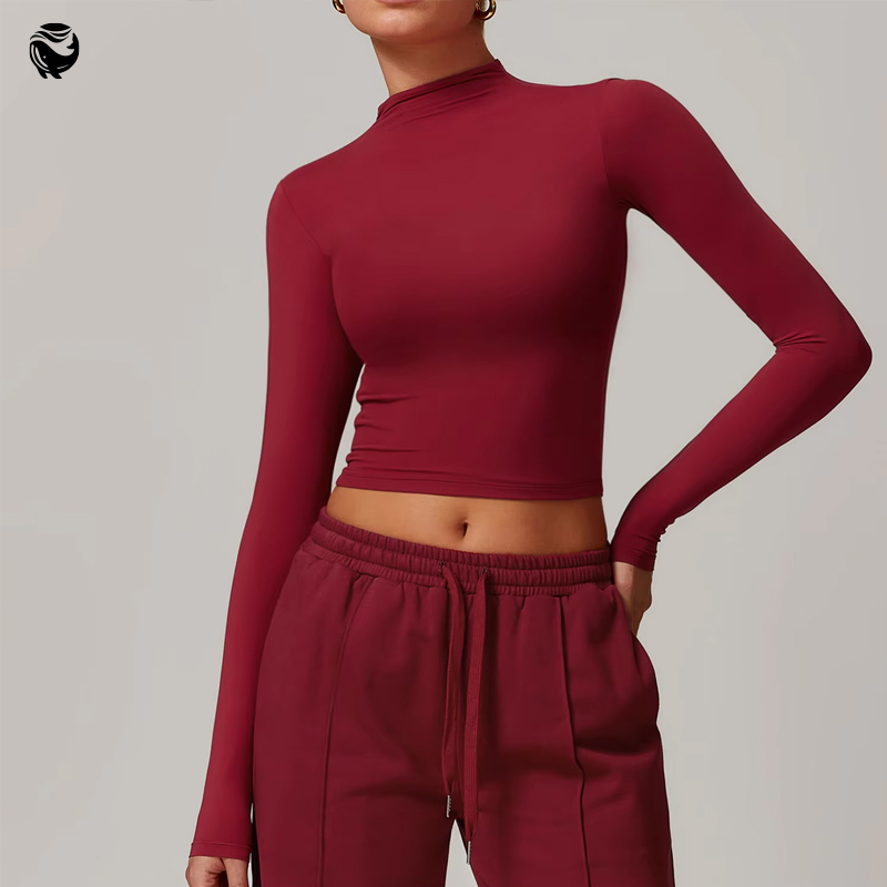 Custom Logo High Neck Yoga Top Gym Long Sleeve Crop Compression Top for Women