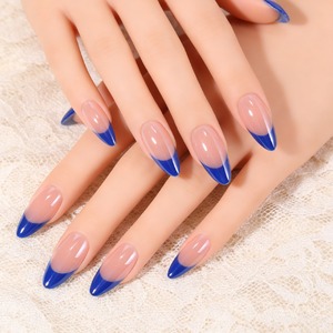 Riviera française |   Faux <span class=keywords><strong>ongles</strong></span> courts en amande <span class=keywords><strong>bleu</strong></span> <span class=keywords><strong>marine</strong></span> semi-transparents à pointe française, finition brillante, qualité salon - Product Image 2
