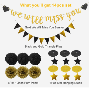 Oro y negro te extrañaremos banner colgante estrella foil remolinos papel pompones guirnalda para despedida Feliz jubilación <span class=keywords><strong>fiesta</strong></span> Decoración - Product Image 6