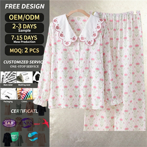 Conjunto de Pijamas de Maternidad Personalizados al por Mayor, 100% Algodón, Color <span class=keywords><strong>Rosa</strong></span>, <span class=keywords><strong>con</strong></span> Bordado Floral, Cuello de Encaje, Tela Tejida, Manga Larga, Ropa de Dormir para Mujer - Product Image 1