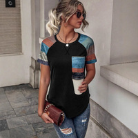 Nouveauté 2024 T-shirt femme style européen décontracté polyvalent à blocs de couleurs à manches courtes col rond manches raglan Non spécifié